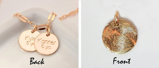 Custom engraved fingerprint jewelry made by Gilded Sapphire and their small team of jewelers.