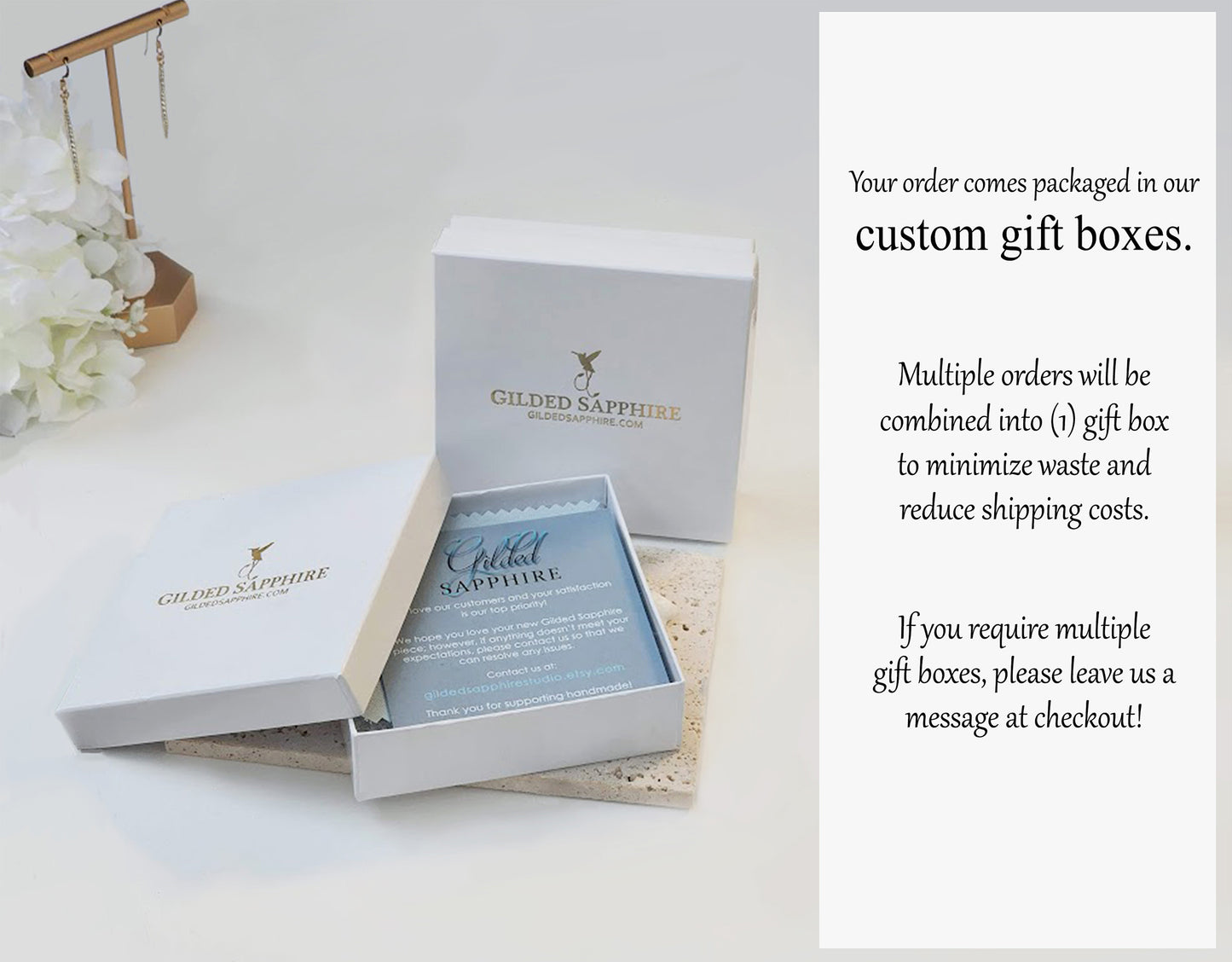 Gilded Sapphire custom jewelry shows their gift boxes and packaging with text that explains that if you need multiple gift boxes with your order you should message the company.