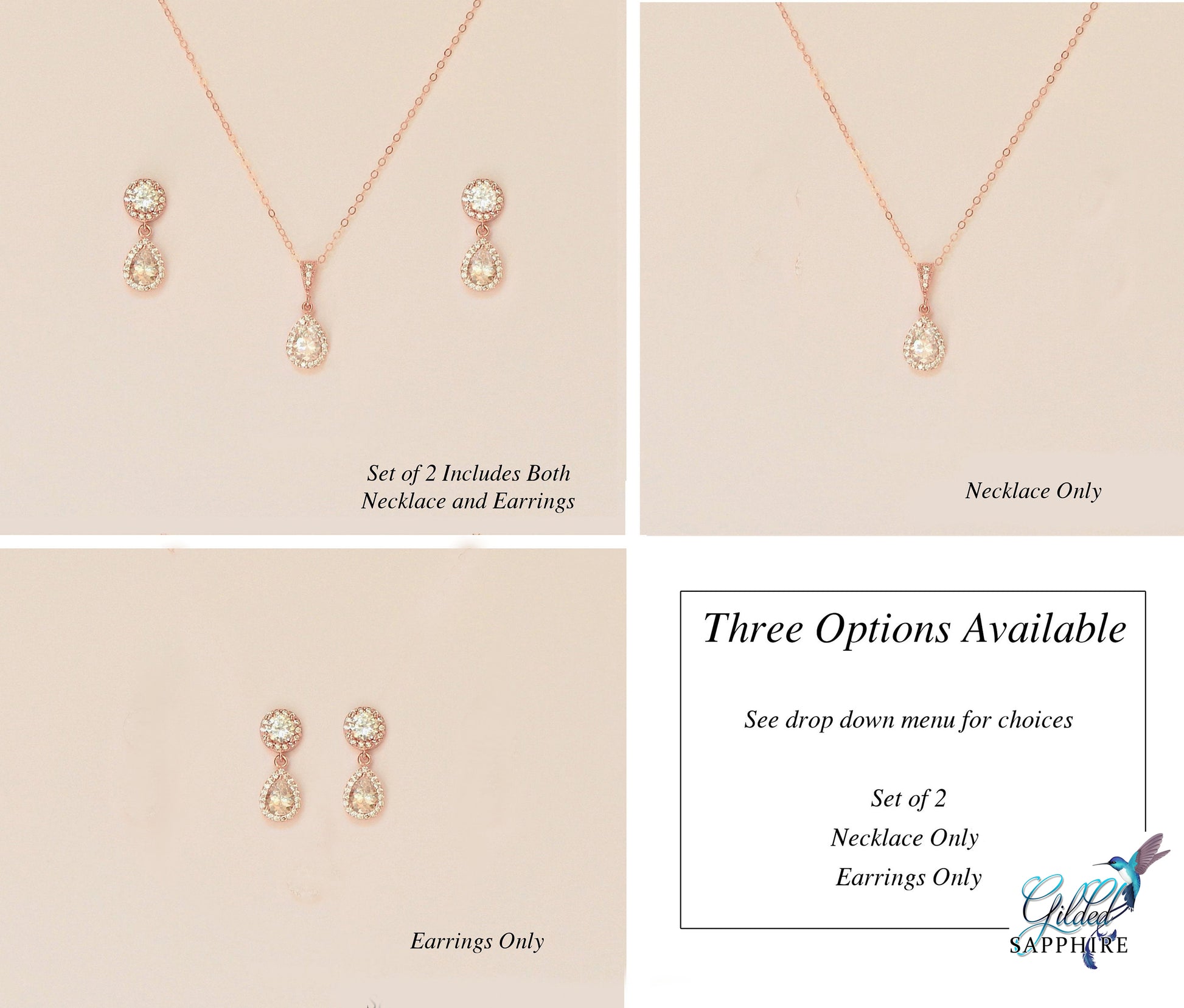 Rose gold bridal necklace and earring set by Gilded Sapphire on a blank background with 3 different ways to wear the jewelry.
