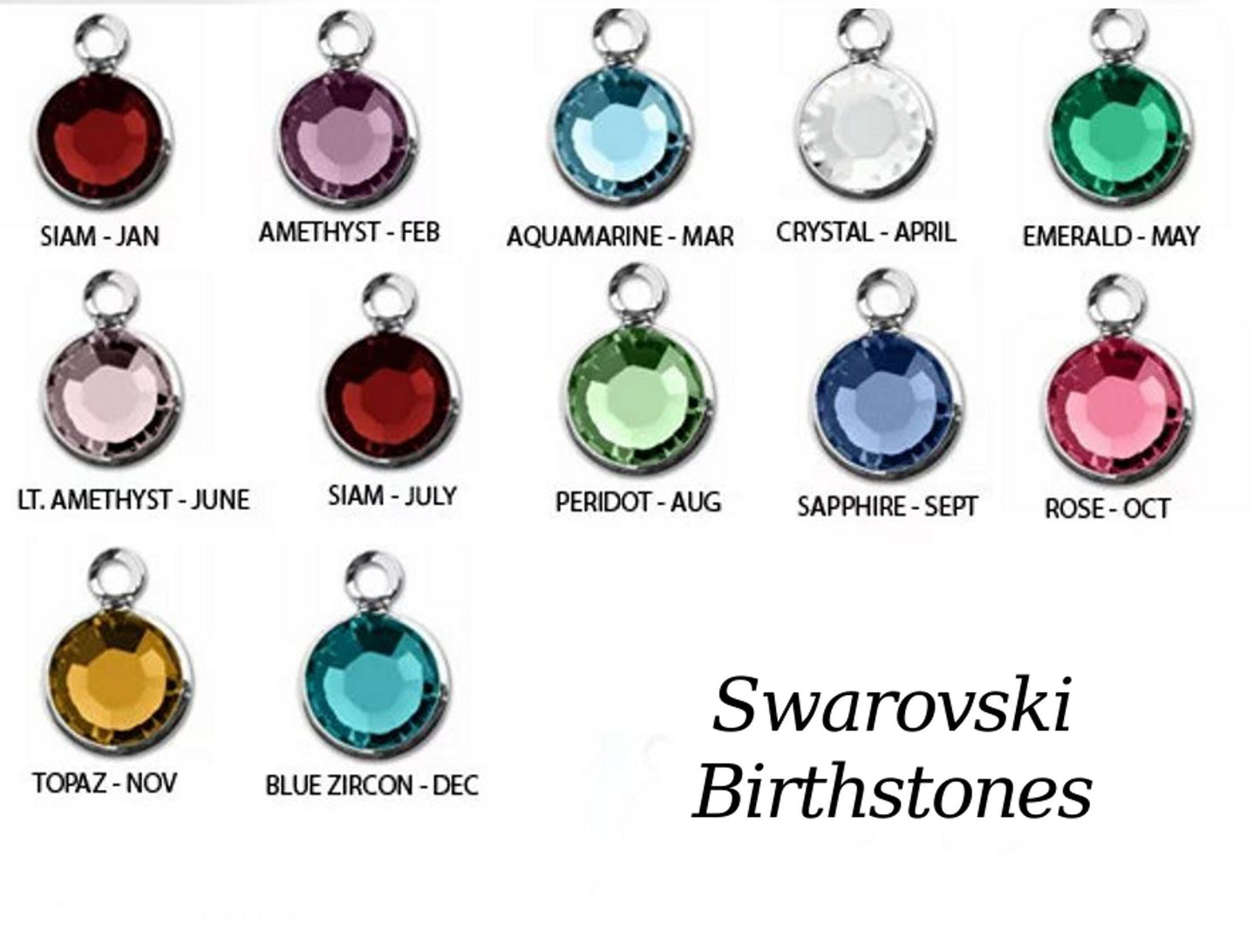 Gilded Sapphire custom necklace options for birthstone charms on a white background with labels.
