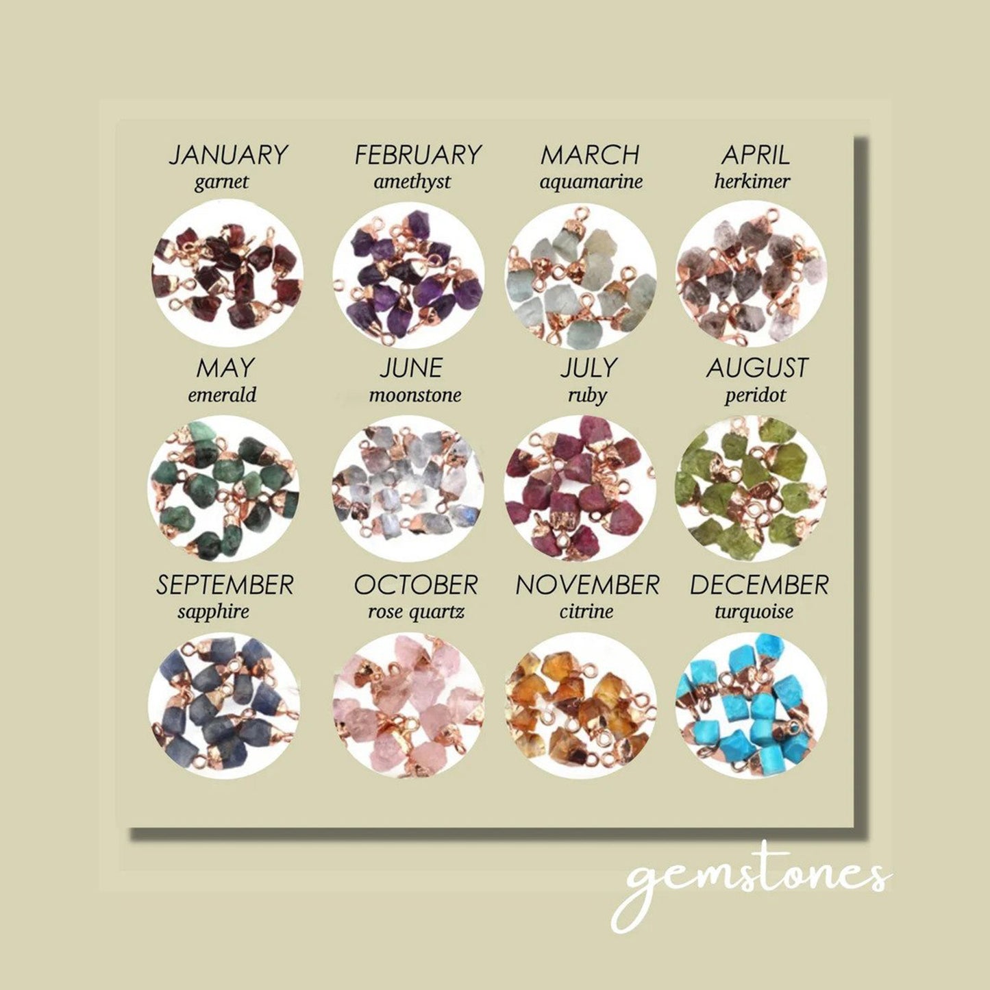 Birthstone gemstones options are shown listed with their month and crystal name by each gemstone pendant color.