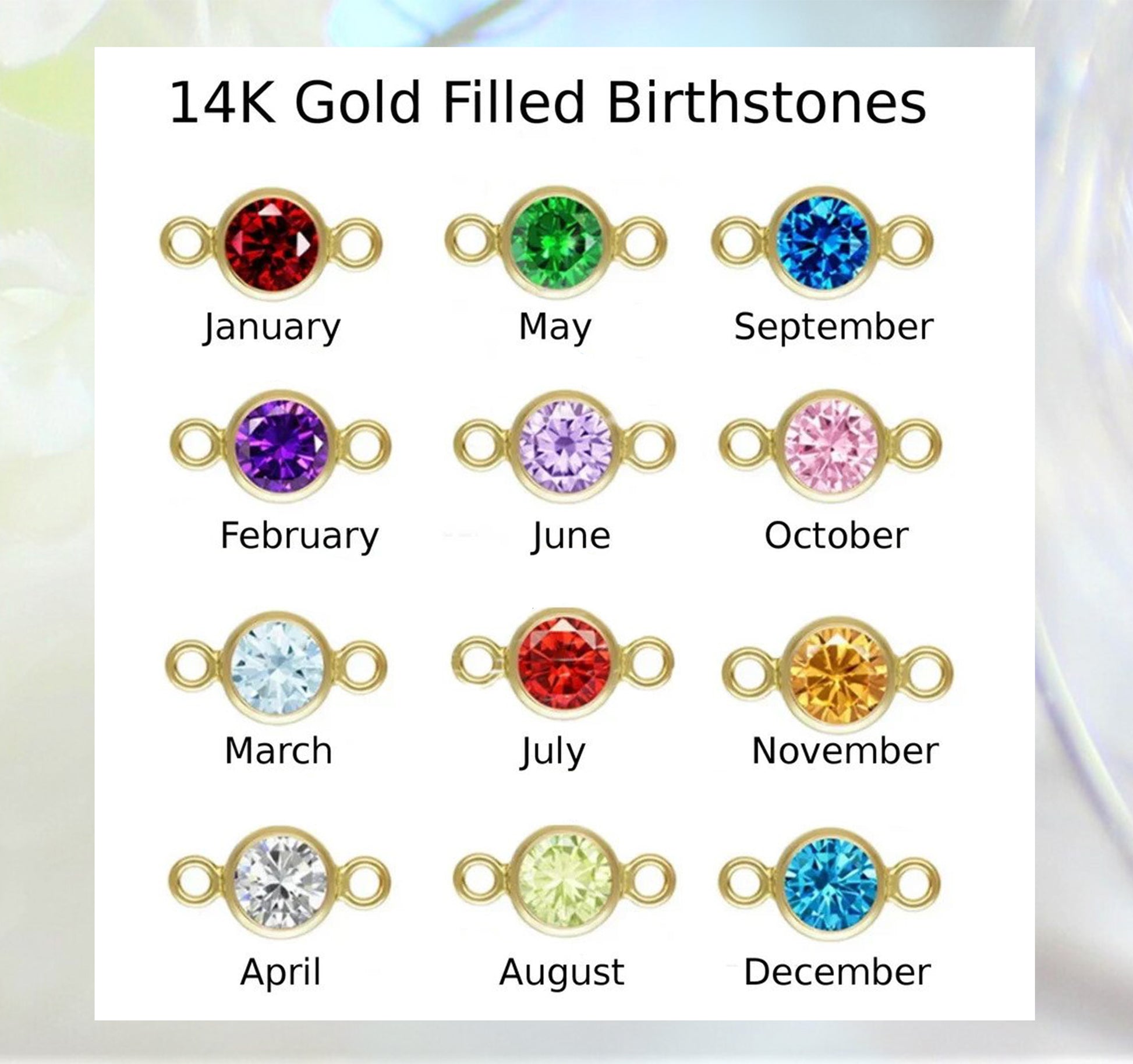 Gold filled birthstone charm options and their corresponding months that are available for Gilded Sapphire's custom jewelry are displayed against a plain white background with a decorative border.