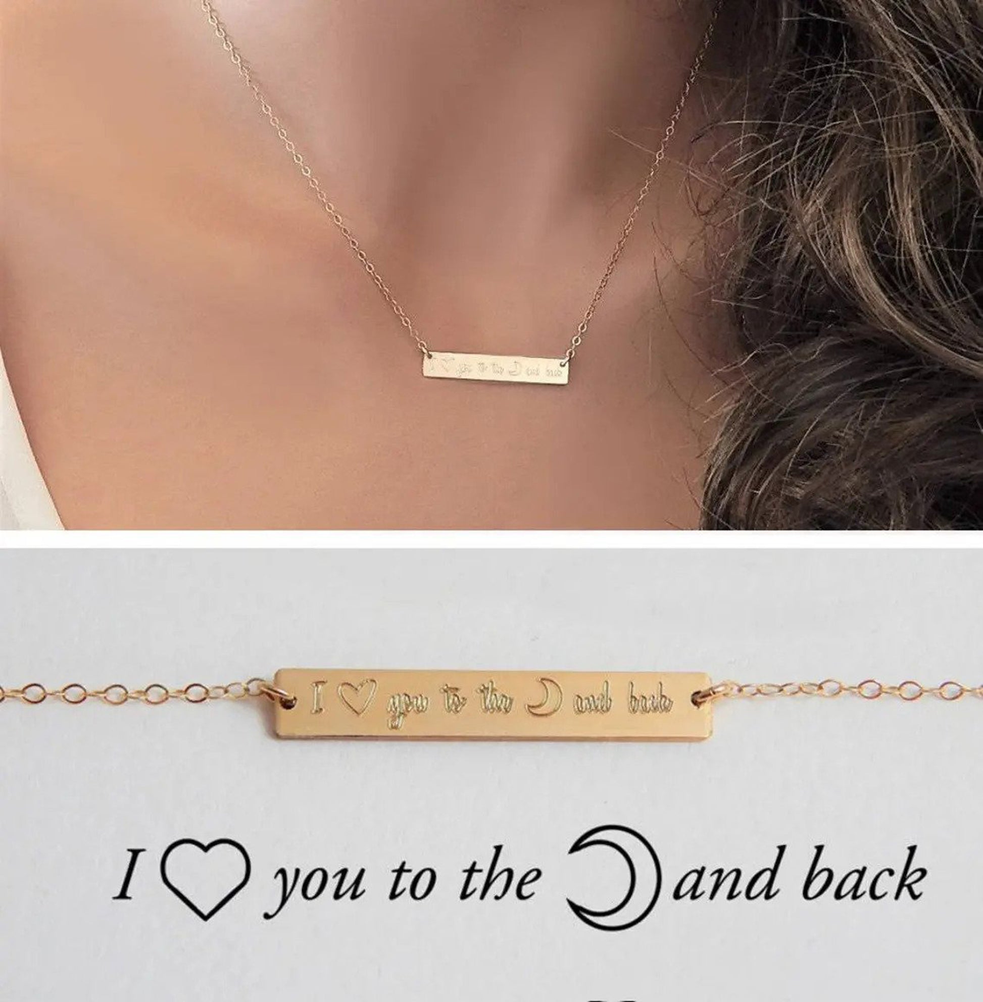 Gold filled necklace bar jewelry with engraved message etched on surface hanging from a brunette model's neck, with a split screen view of a close up of the engraved surface with a custom message.