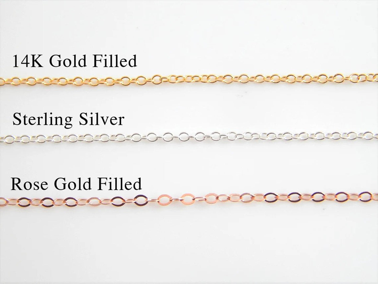 Three metal finishes offered by Gilded Sapphire's custom and handmade jewelry including 14 carat gold filled, sterling silver, and rose gold filled chain.