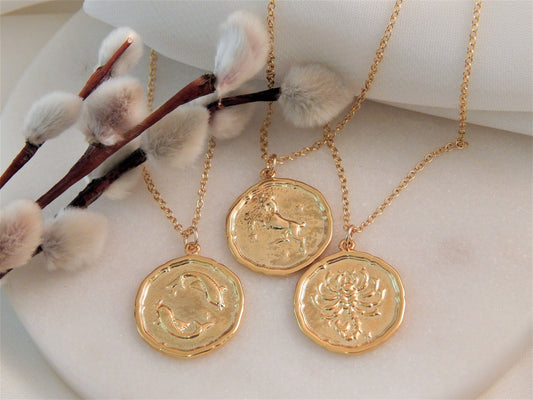 Zodiac Gifts, Birthday Zodiac Coin Necklace for Women, Celestial Medallion, Horoscope Gift for Her,
