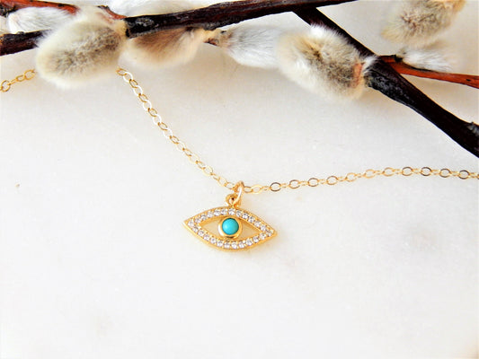 Turquoise Evil Eye Necklace for Women, Gift for Her, Symbolic Jewelry, Gold Best Friend Gift, Dainty Gold Evil Eye, Protection Necklace