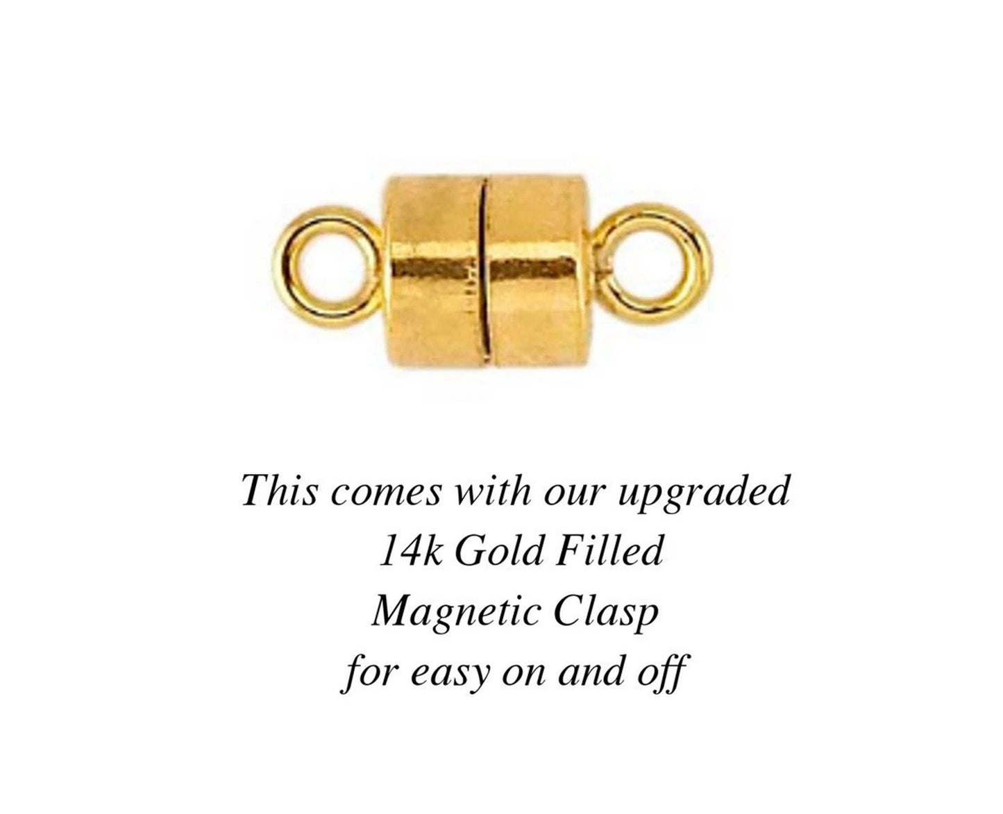 Magnetic jewelry clasp in 14 carat gold filled finish that comes standard on custom angel wing bracelet is shown against a plain white background with descriptive text explaining the quality of Gilded Sapphire's custom jewelry. 