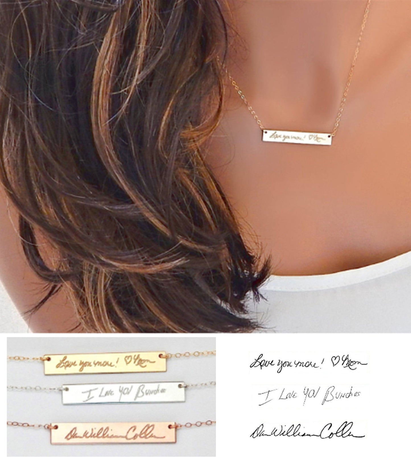 Mannequin is wearing a shiny gold filled necklace with a custom message engraved on a bar. Below the mannequin is an image of three different metal finishes offered by custom jeweler Gilded Sapphire and each color metal bar has engraved a distinct handwritten message.