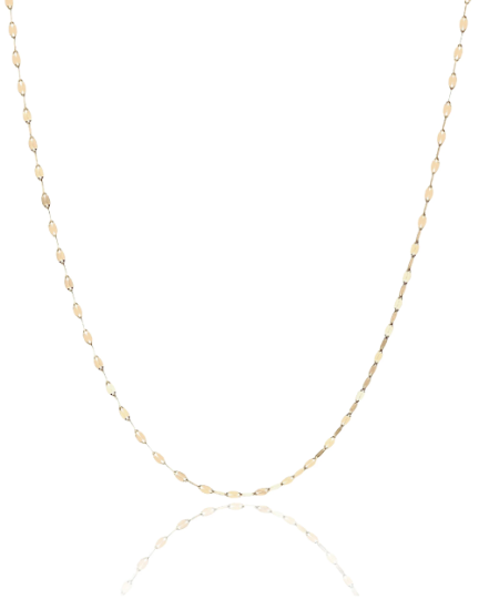 Sequin chain necklace with a plain white background and a reflective surface underneath.