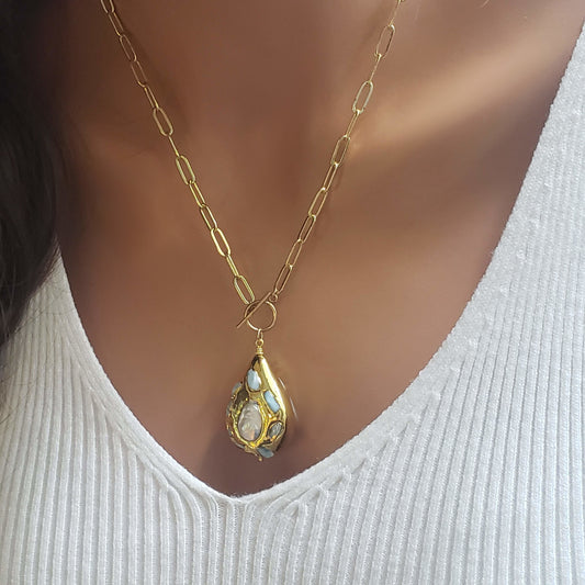 Laramar Pearl Pendant Necklace Gold Natural Shell Handmade Gold Filled Necklace Gift for Her