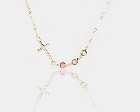 Sideways Cross with Birthstone Necklace