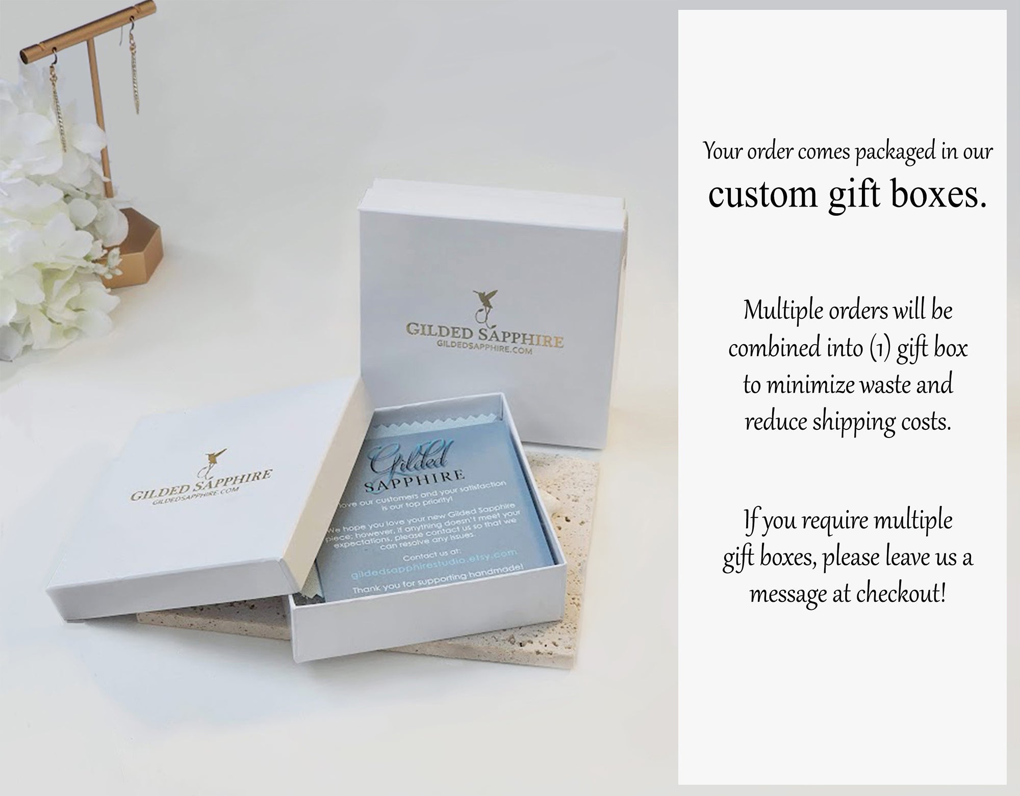 Gilded Sapphire custom jewelry shows their gift boxes and packaging with text that explains that if you need multiple gift boxes with your order you should message the company.