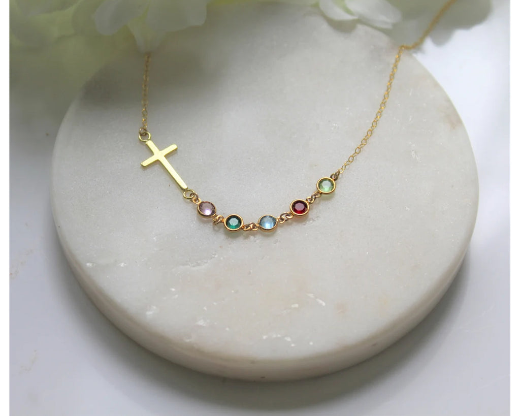 Sideways Cross with Birthstone Necklace
