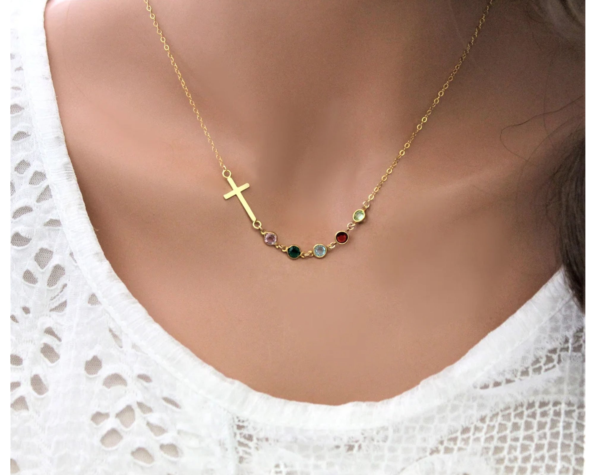 Sideways Cross with Birthstone Necklace
