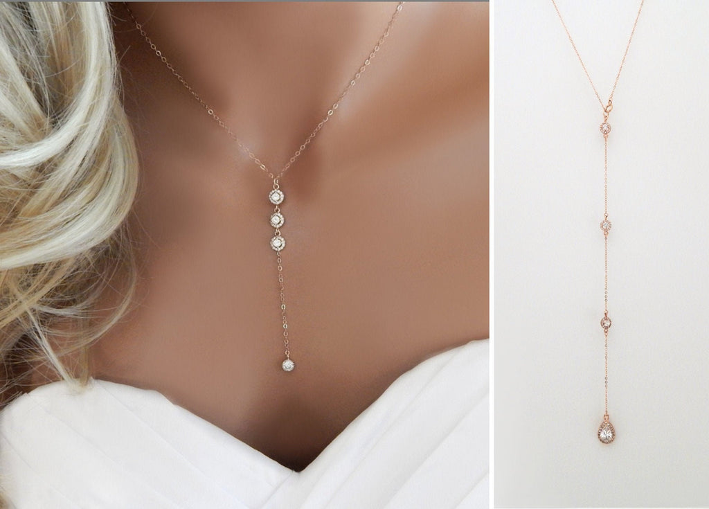 Mannequin torso wearing a lariat Y necklace with cubic zirconia diamonds.