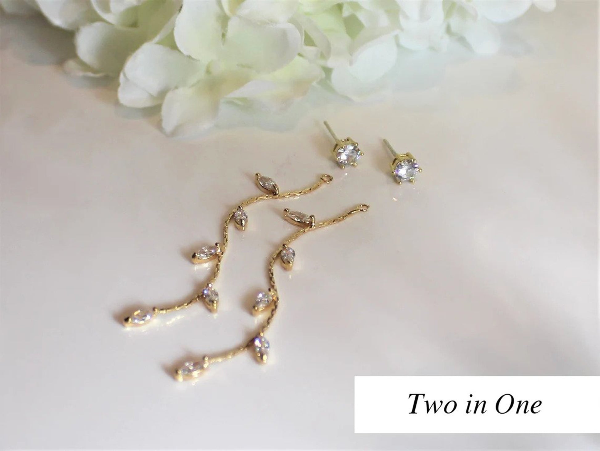 Slim & Leafy Marquise Crystal Earrings in 14K Gold for Brides