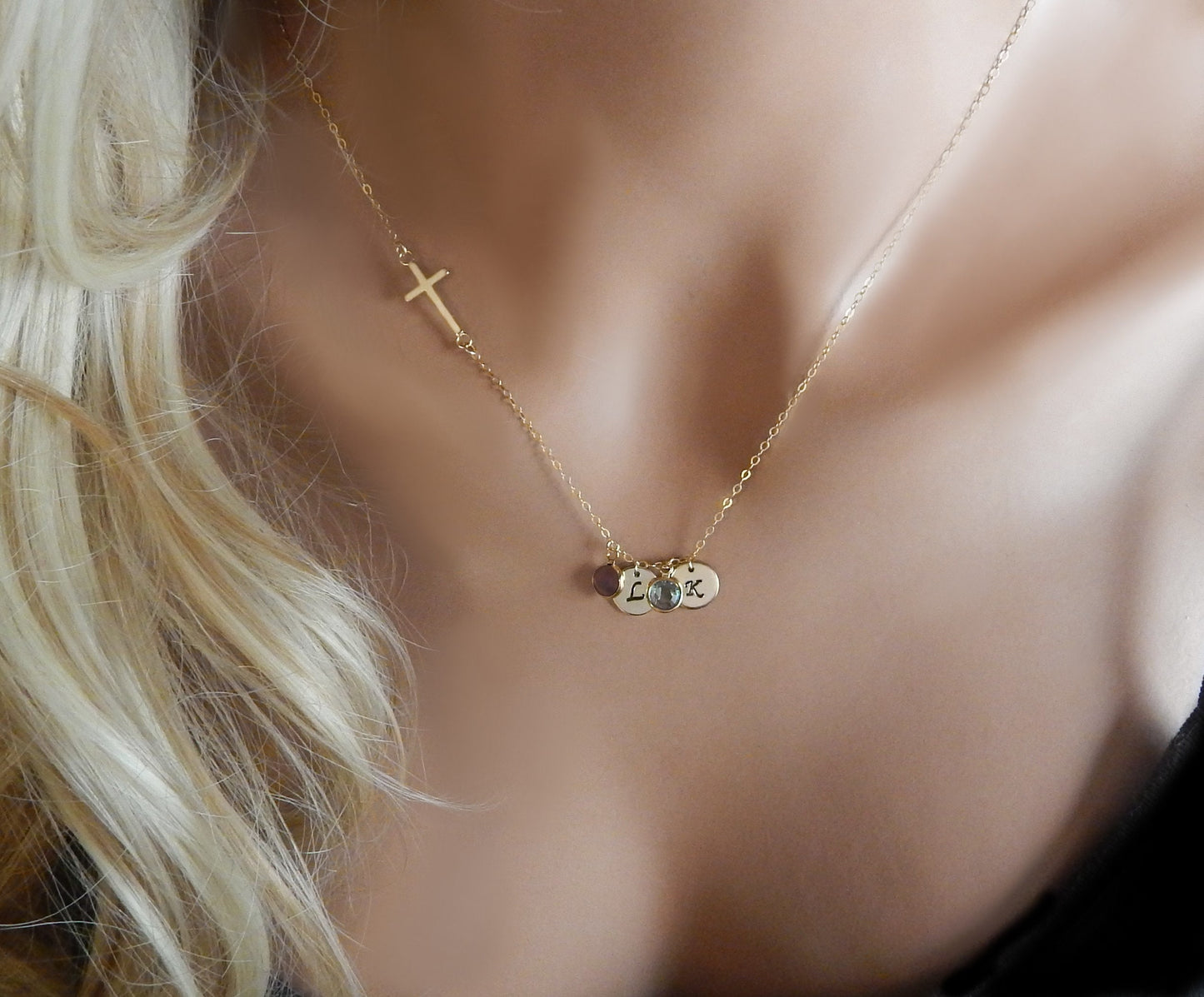 Sideways Cross Disc Birthstone Necklace