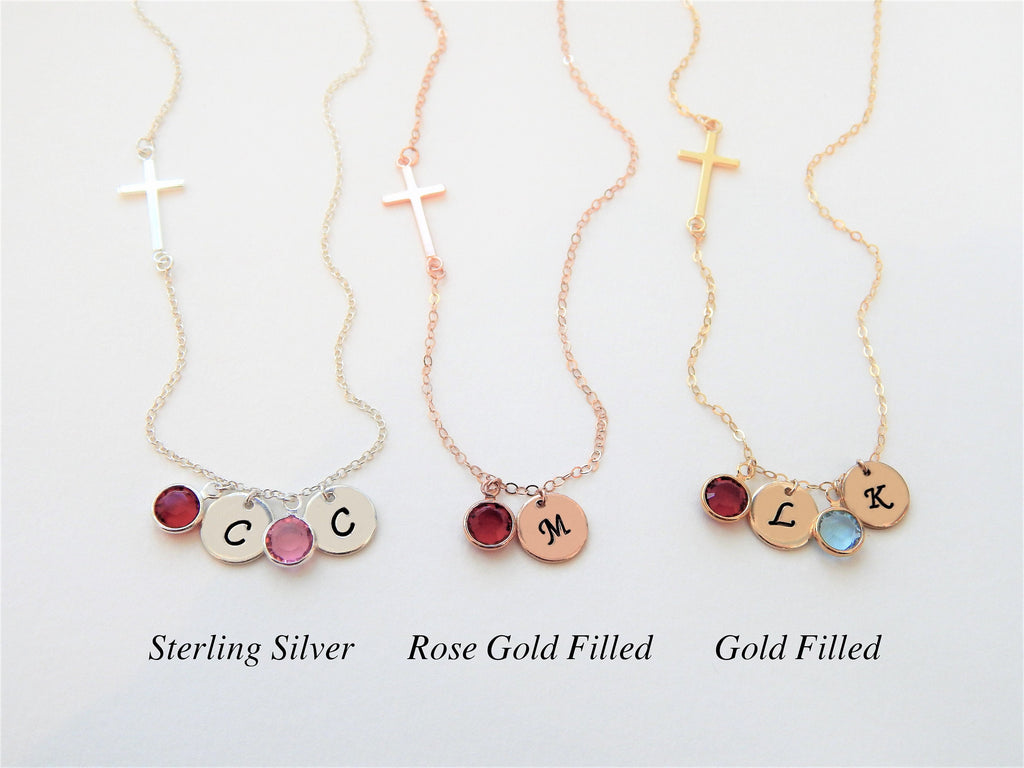 Sideways Cross Disc Birthstone Necklace