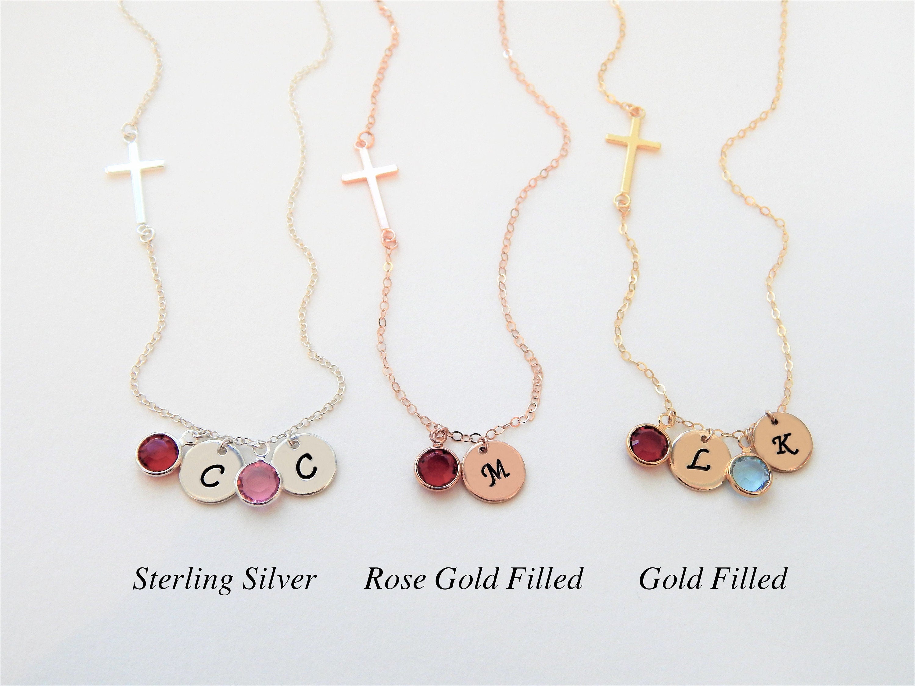 Sideways Cross Disc Birthstone Necklace