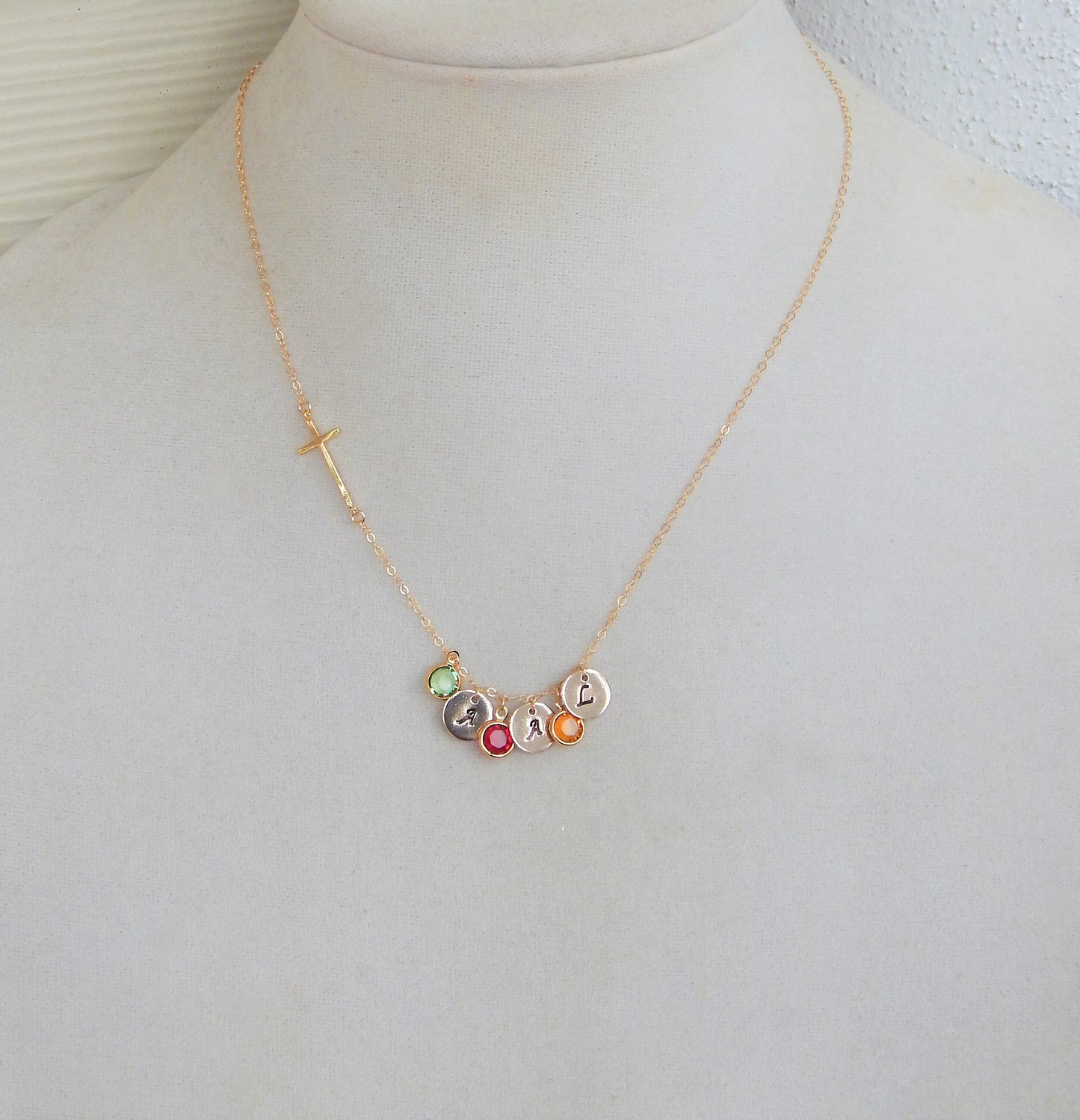 Sideways Cross Disc Birthstone Necklace